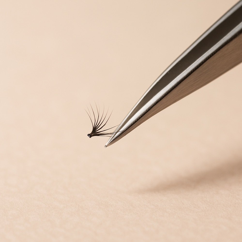 AI-generated editorial photograph of tweezers holding a single lash cluster