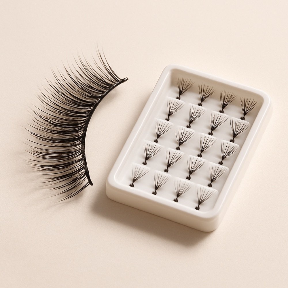 AI-generated editorial photograph comparing a strip lash and individual lash clusters