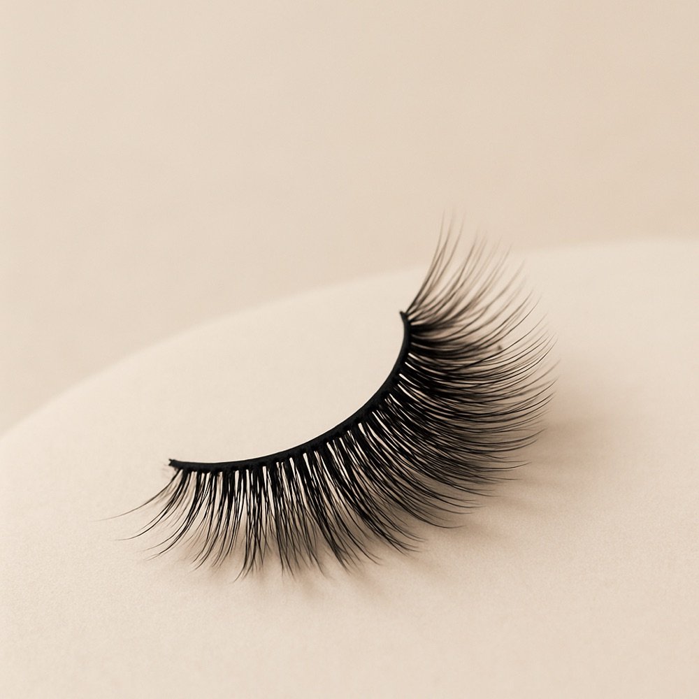 AI-generated editorial photograph of a fanned false eyelash strip showing graduated length