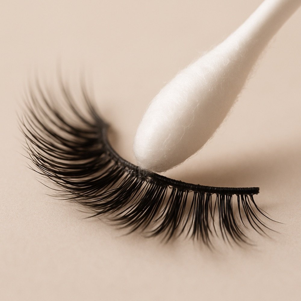 AI-generated editorial photograph of a cotton swab cleaning a false-lash band