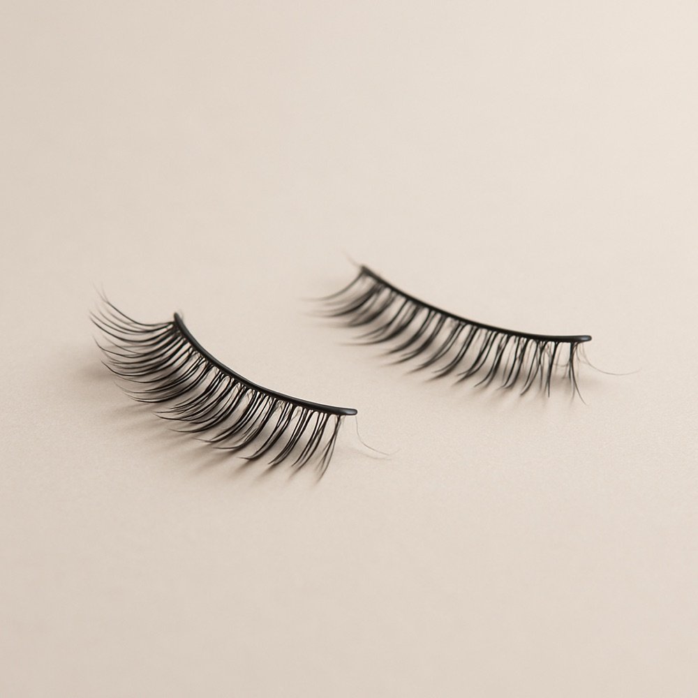 AI-generated editorial photograph of false eyelashes drying flat on a clean surface