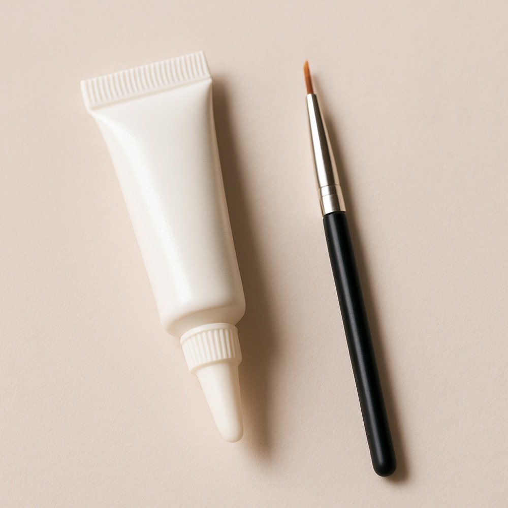 AI-generated editorial photograph of a lash adhesive tube and applicator brush