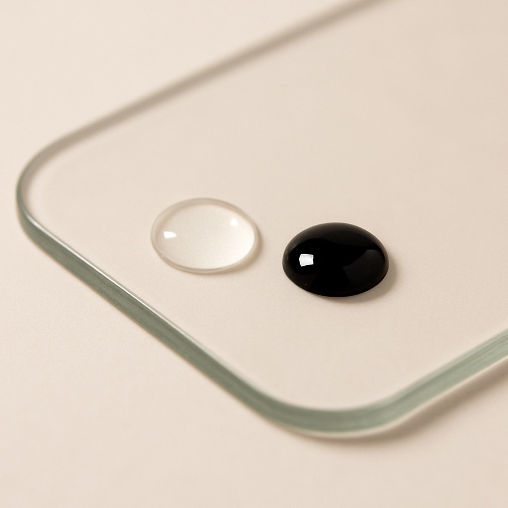 AI-generated editorial photograph comparing a clear and a black adhesive dot on a palette