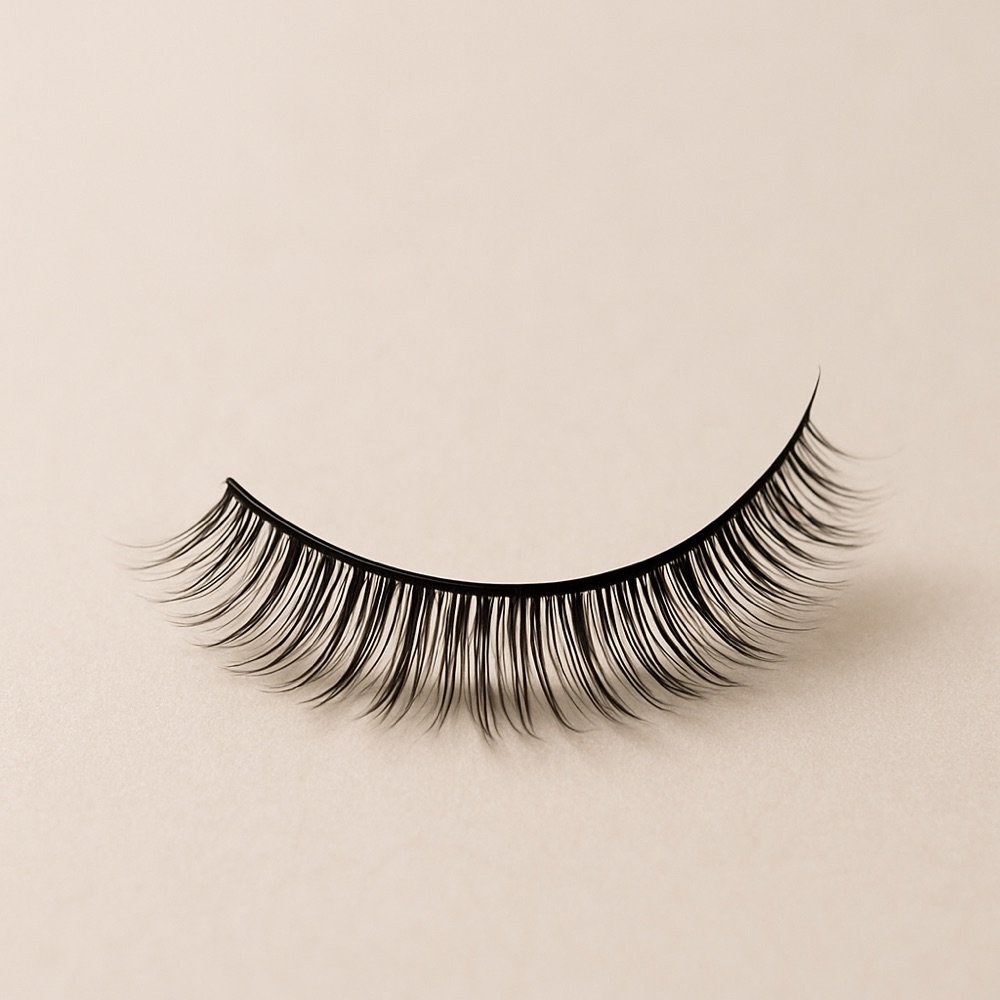 AI-generated editorial photograph of a flexible false-eyelash band curved into shape