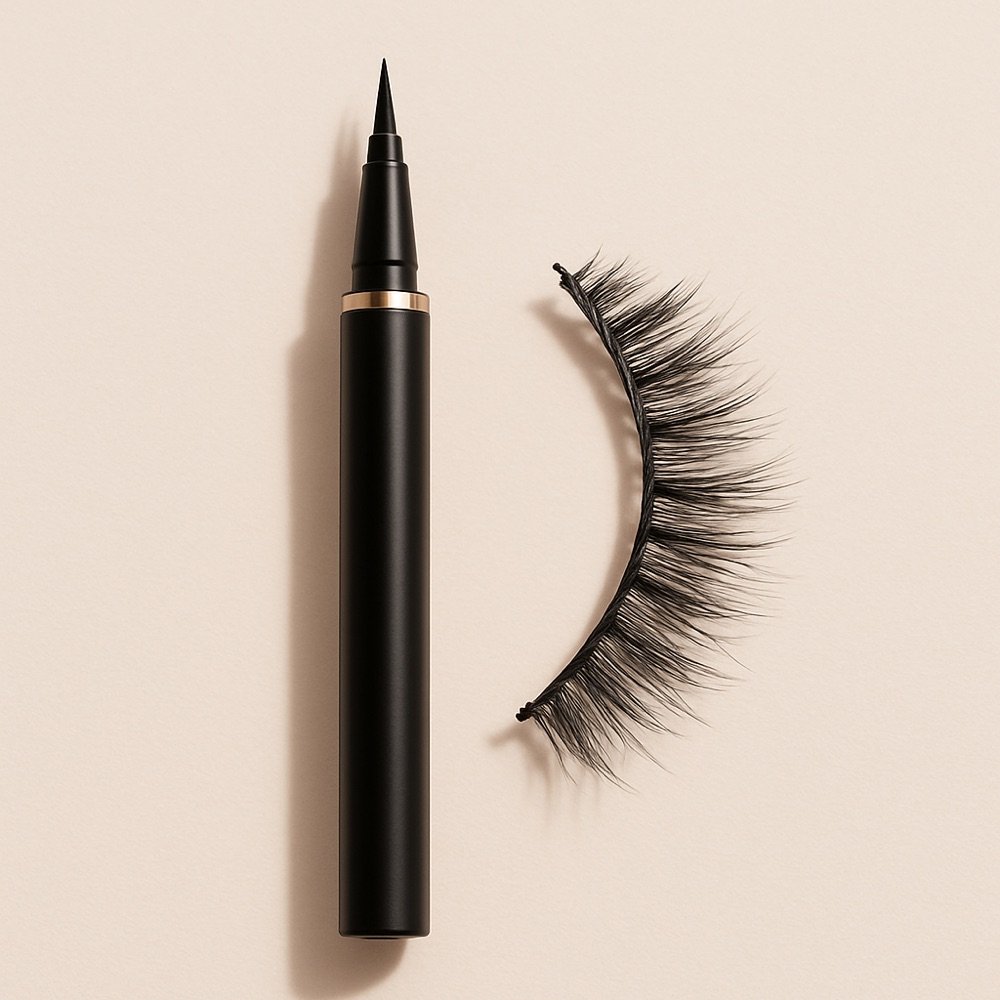 AI-generated editorial photograph of a magnetic eyeliner pen beside a magnetic lash strip