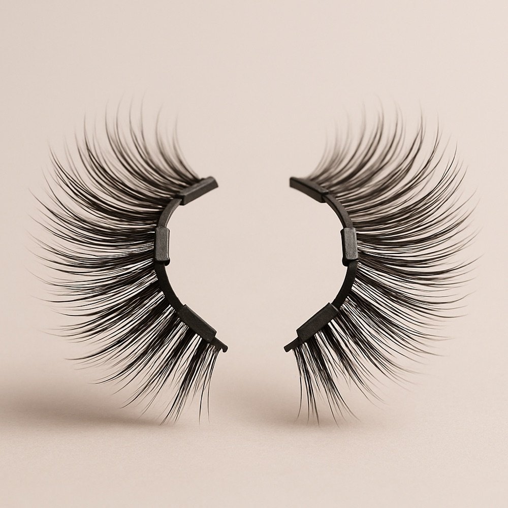 AI-generated editorial photograph of two magnetic lash strips positioned to clip together