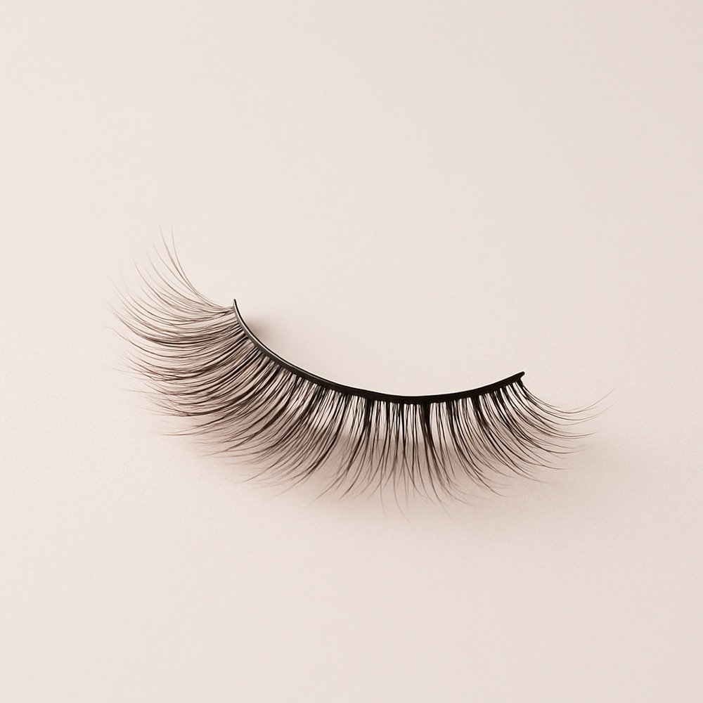 AI-generated editorial photograph of a soft, wispy false-eyelash strip