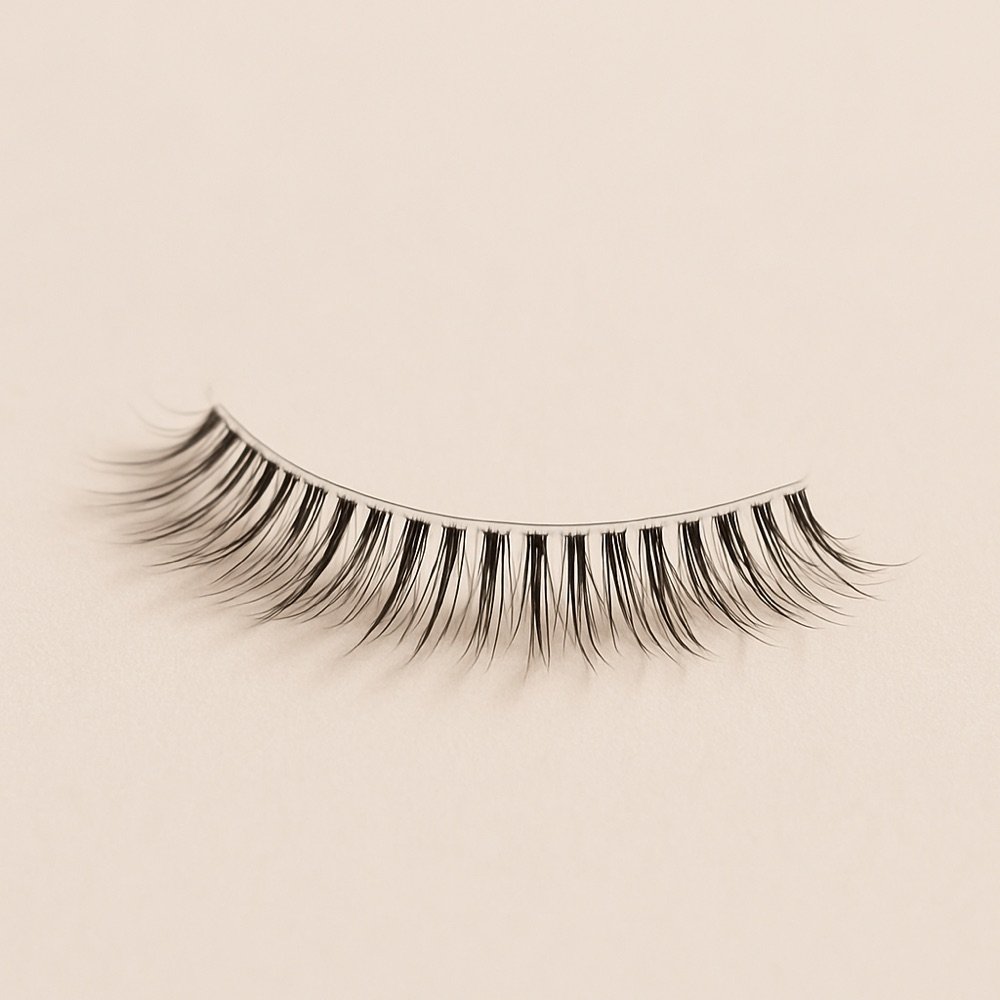 AI-generated editorial photograph of a clear-band false-eyelash strip