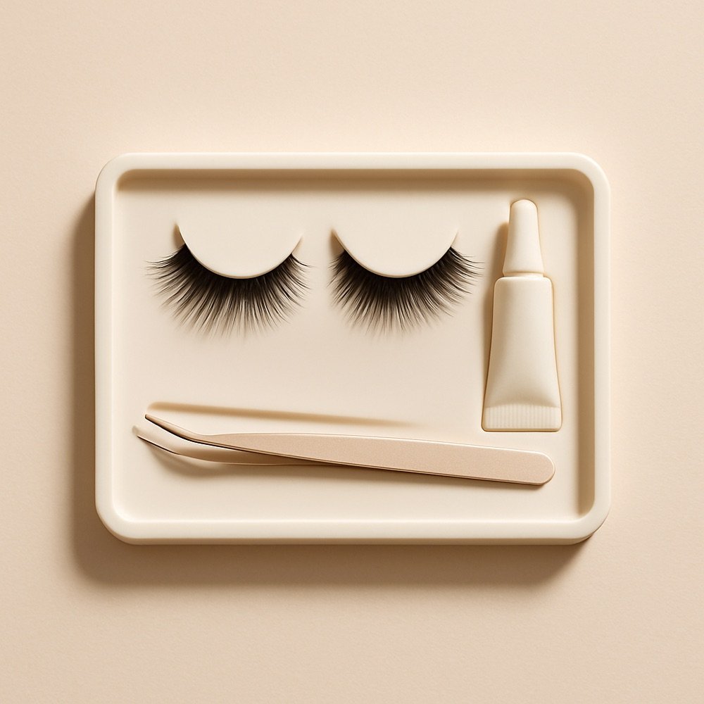 AI-generated editorial photograph of a false-lash starter kit tray with lashes, glue, and an applicator
