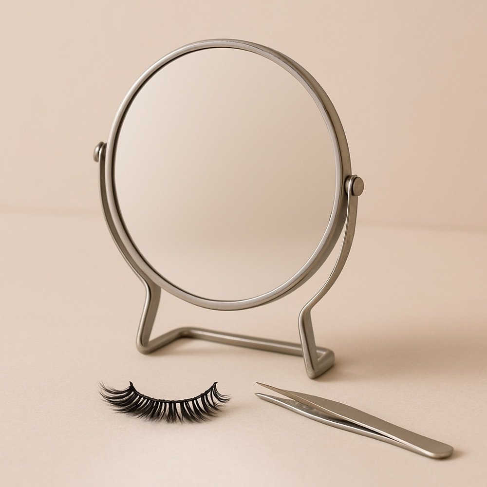 AI-generated editorial photograph of a handheld mirror, false eyelashes, and tweezers on a vanity surface
