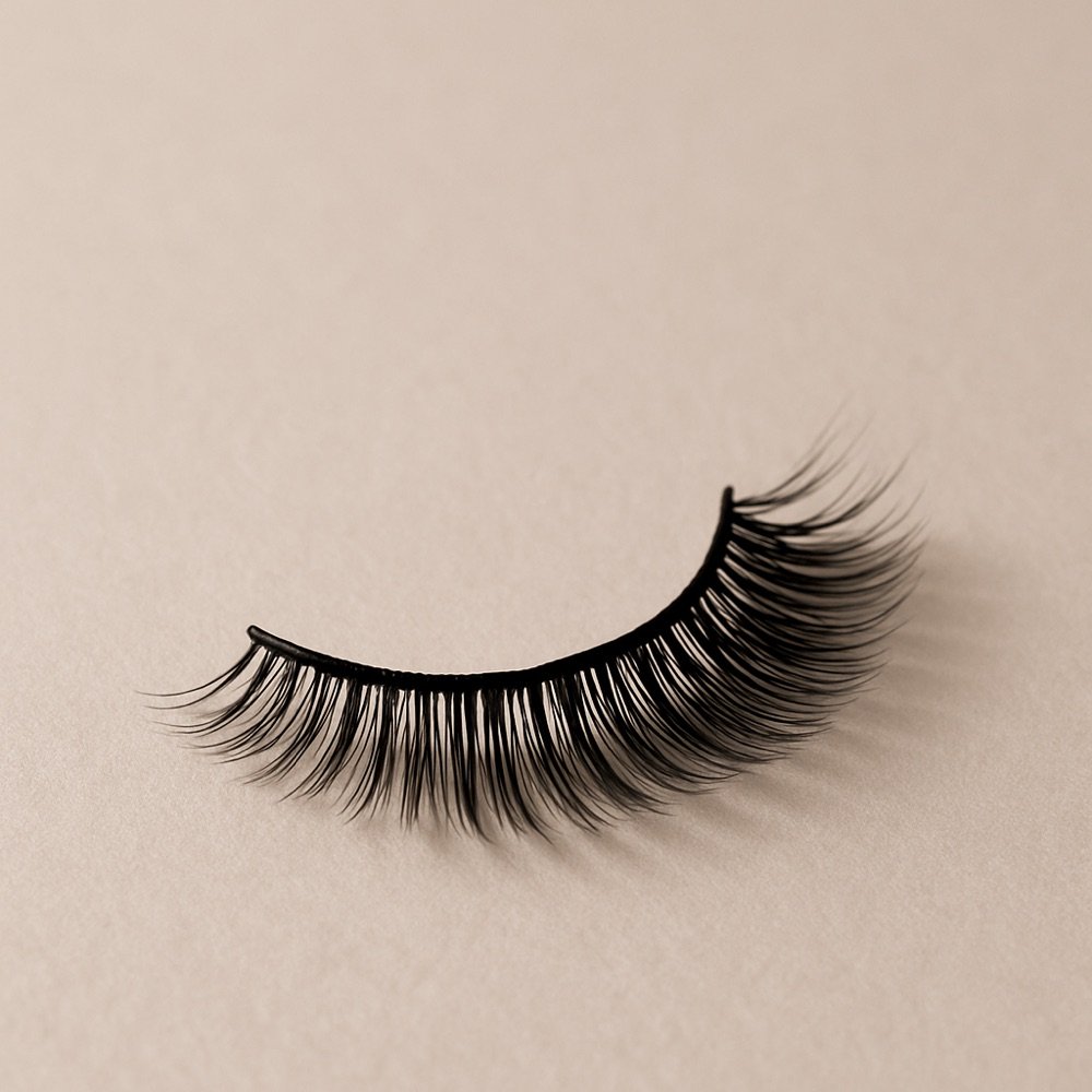 AI-generated editorial photograph of a full-strip false eyelash