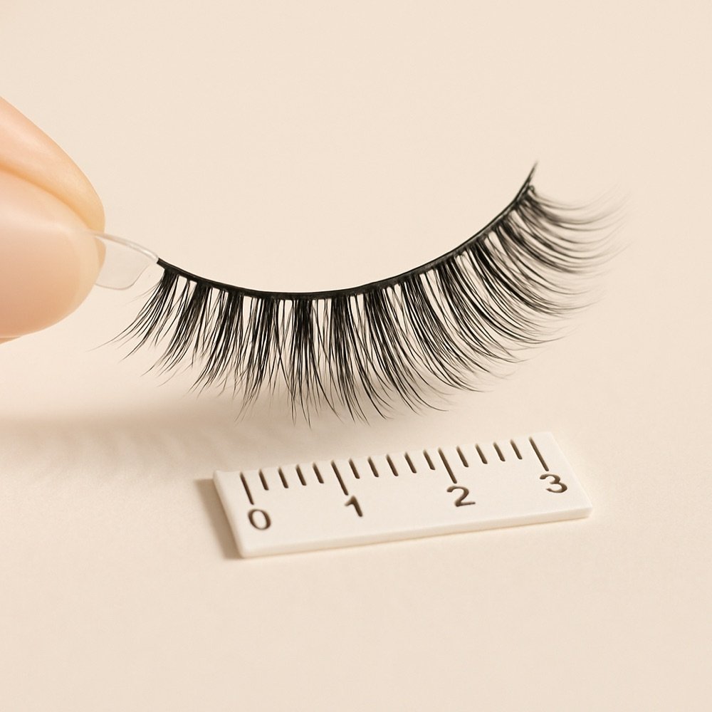 AI-generated editorial photograph of a false-lash strip being measured before trimming