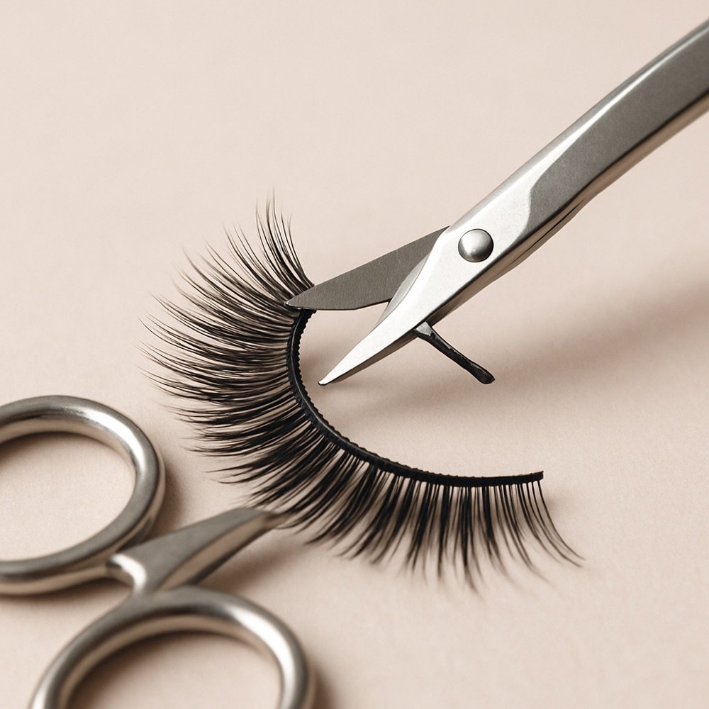 AI-generated editorial photograph of curved scissors trimming a false-lash strip