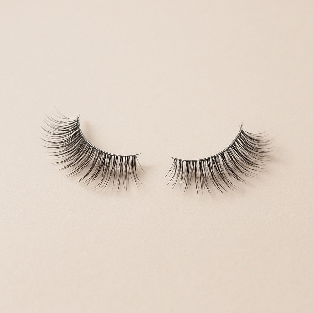 AI-generated editorial product photograph (not the exact linked Amazon listing) of clear-band strip lashes