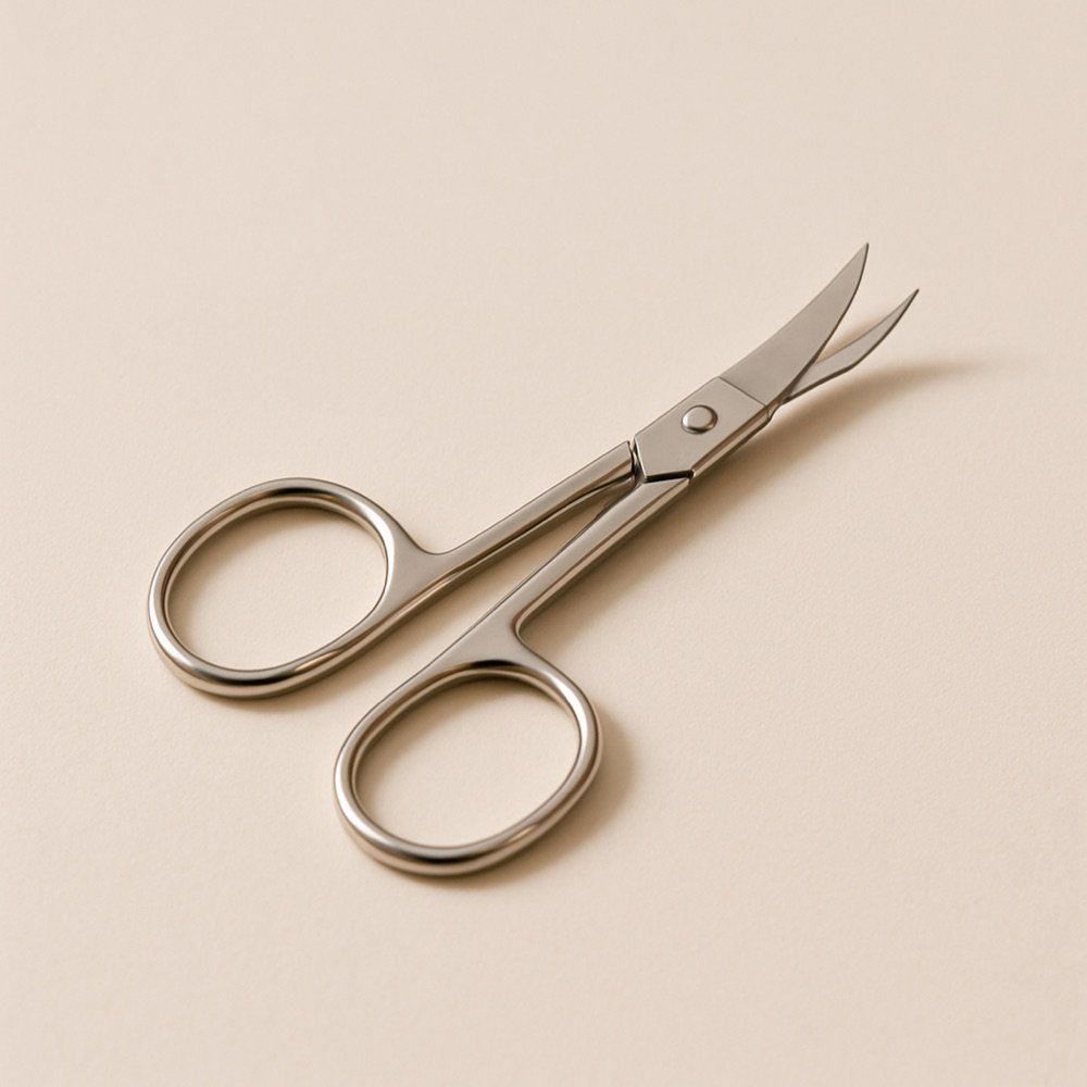 AI-generated editorial product photograph (not the exact linked Amazon listing) of curved lash scissors