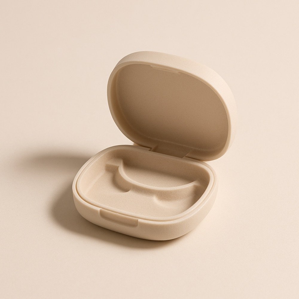 AI-generated editorial product photograph (not the exact linked Amazon listing) of compact lash storage case