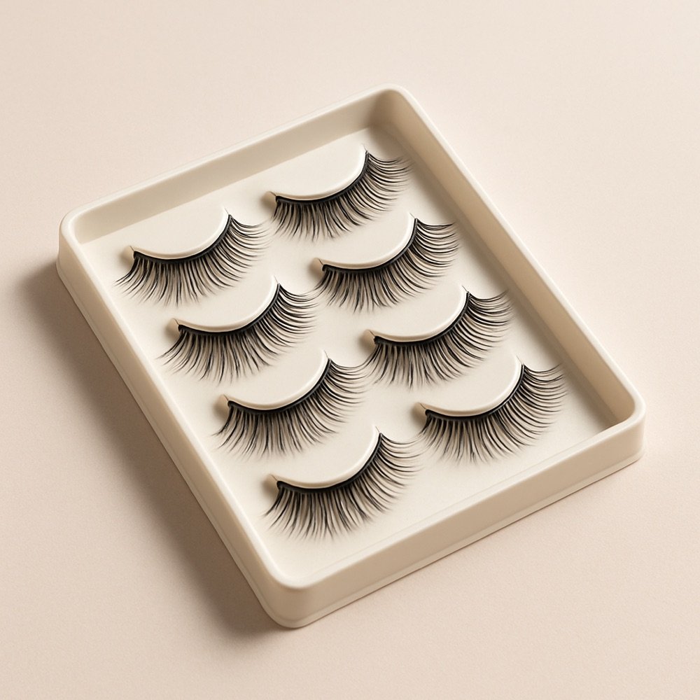 AI-generated editorial product photograph (not the exact linked Amazon listing) of reusable lash multipack