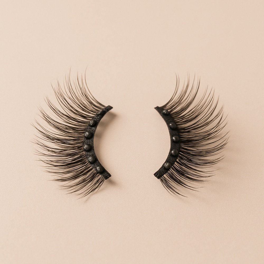 AI-generated editorial product photograph (not the exact linked Amazon listing) of sandwich-style magnetic lashes
